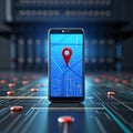 digital map with virtual boundaries, a location pin, and a mobile device Royalty Free Stock Photo