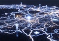 Digital map visualization with glowing lines and markers, highlighting network connections. The Royalty Free Stock Photo