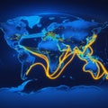 A digital map of the world displays major continents in shades of blue with glowing yellow lines Royalty Free Stock Photo