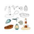 Digital marine set in cartoon style with ship, boat, seagull, lighthouse. Vector illustration. Royalty Free Stock Photo