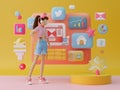 Digital Marketer Analyzing Social Media Statistics with Colorful Infographic Visualizations