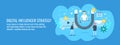 Influercer marketing experts working on engaging global audience for brand awareness. Flat design vector banner.