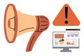 Digital Marketing Alert with Megaphone, Warning Sign, and E-commerce Analytics Screen Royalty Free Stock Photo