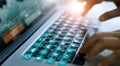 Digital marketing, Algorithm and data networking, Man using laptop with icon marketing on keyboard analyzing and development at Royalty Free Stock Photo
