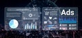 Digital Marketing Analytics Dashboard with Interactive Data Visualization and Advertising Insights Over Cityscape Royalty Free Stock Photo