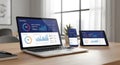 Digital marketing analytics displayed on multiple devices in office Royalty Free Stock Photo