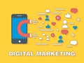 Digital marketing background concept with smartphone, magnet and social media icons. Vector illustration with icons symbolizing cu