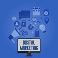 Digital marketing banner. On a blue background A shoutbox with icons seo, user, calendar, search.