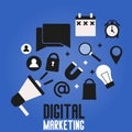 Digital marketing banner. On a blue background A shoutbox with icons seo, user, calendar, search. Royalty Free Stock Photo