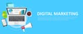 Digital marketing banner. Computer with graphs, money, megaphone and coffee