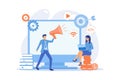 Digital marketing benefit. Web analytics. Programmers working in team. Marketing activity. Attribution modeling,