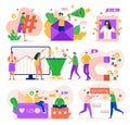 Digital marketing, business social management set of isolated vector illustrations. Startup, planning, market analytics Royalty Free Stock Photo