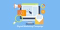 Digital marketing campaign, website on computer screen with video and email, megaphone and diagram.