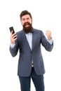 Digital marketing concept. success deal. Business talk. Agile business. mature man. bearded businessman in suit Royalty Free Stock Photo