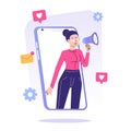 Digital Marketing concept. Woman holding megaphone in smartphone screen with icons. Online social media, marketing strategy. Refer Royalty Free Stock Photo