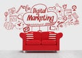 Digital marketing conceptual graphic on 3D room wall Royalty Free Stock Photo