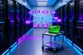 Digital marketing data network server room with neon connectivity and green tech stack Royalty Free Stock Photo