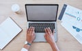 Digital marketing hands typing a report on a blank computer. Female office worker looking at finance graphs for work Royalty Free Stock Photo