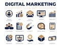 Digital Marketing Icon Set. Target Audience, SEO, Email Marketing, Website, Analytics, Customers, Testimonials, Attract, Social Royalty Free Stock Photo