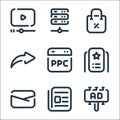 Digital marketing line icons. linear set. quality vector line set such as billboard, news, email, premium, pay per click, share,