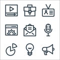 Digital marketing line icons. linear set. quality vector line set such as megaphone, idea, pie chart, microphone, email, web