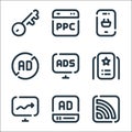 Digital marketing line icons. linear set. quality vector line set such as rss, video ad, stats, premium, advertising, ad blocker,