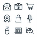 digital marketing line icons. linear set. quality vector line set such as statistics, laptop, mouse, microphone, shopping bag,