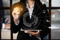 Digital marketing media in virtual icon globe shape business open his hand, working touch screen tablet Royalty Free Stock Photo
