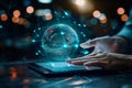 Digital marketing media in virtual icon globe shape business open his hand, working touch screen tablet Royalty Free Stock Photo