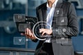 Digital marketing media in virtual screen.businessman hand working with mobile phone and modern compute with VR icon diagram at Royalty Free Stock Photo