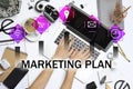 Digital marketing plan. Woman working with laptop at table Royalty Free Stock Photo