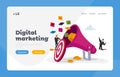 Digital Marketing, Public Relation and Affairs Landing Page Template. Pr Agency Tiny Characters Work with Huge Megaphone