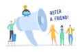 Digital Marketing Refer a Friend Concept. Megaphone Promotion with People. Huge Loudspeaker with Tiny Characters