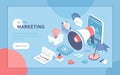 Digital Marketing, social network and media communication. Analysis, targeting, management. Isometric vector illustration for post
