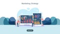digital marketing strategy concept with tiny people character, table, graphic object on computer screen. online social media Royalty Free Stock Photo