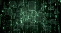 Digital Matrix Abstract Falling Numbers and Transparent Cubes in Green Binary Code Flow Royalty Free Stock Photo