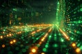 Digital matrix background with green binary code and light rays, creating an abstract digital space for text or graphics. in Royalty Free Stock Photo