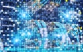 Digital matrix binary code mainframe server room computing communication concept.