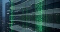 Digital Matrix Code Falls on Futuristic Glass Building Facade Cityscape at Night Royalty Free Stock Photo
