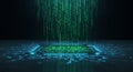 Digital matrix composed of streams of green binary code falling vertically, Royalty Free Stock Photo