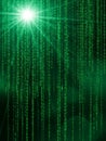 Digital Matrix of Falling Green Binary Code with a Bright Light Burst Effect technology data Royalty Free Stock Photo