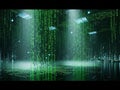 Digital Matrix of Falling Green Binary Code in a Futuristic Cityscape with Glowing Lights data technology Royalty Free Stock Photo