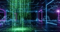 Digital Matrix Flow Abstract Network Data Stream with Binary Code and Neon Geometry Royalty Free Stock Photo