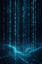 A digital matrix of glowing binary code falls in a vertical stream over a dark grid, suggesting data streams and computer systems