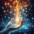 Digital matrix hand fireworks sparks connections data science
