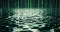 Digital Matrix Rain Falling into Rippling Water, Futuristic Technology Concept Royalty Free Stock Photo