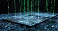 Digital Matrix Rain Over Circuit Board, Binary Code Data Stream, Futuristic Technology Concept Royalty Free Stock Photo