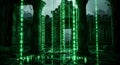 Digital Matrix Ruins Binary Code Cascading Through Ancient Temple in Rain Royalty Free Stock Photo