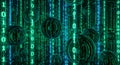 Digital Matrix Spheres Binary Code Falling, Futuristic Data Stream, Green Blue Glow Royalty Free Stock Photo