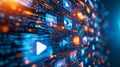 Digital media screens display vibrant play buttons and data streams creating immersive experience colorful visuals evoke sense Royalty Free Stock Photo